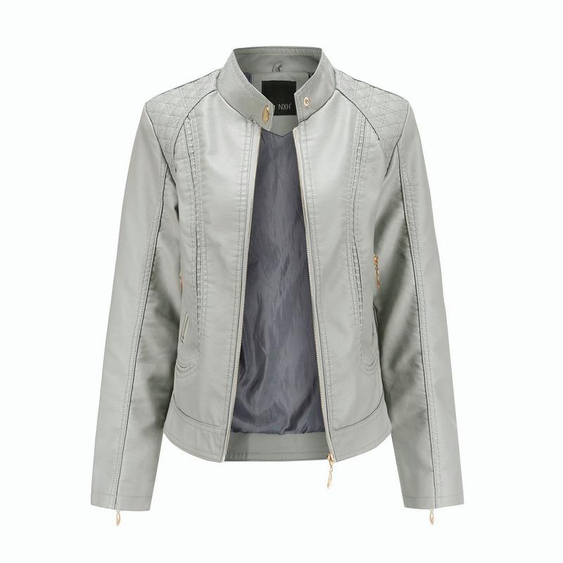 

Женская байкерская куртка из искусственной кожи, женское пальто с воротником-стойкой на молнии, верхняя одежда 4XL серый