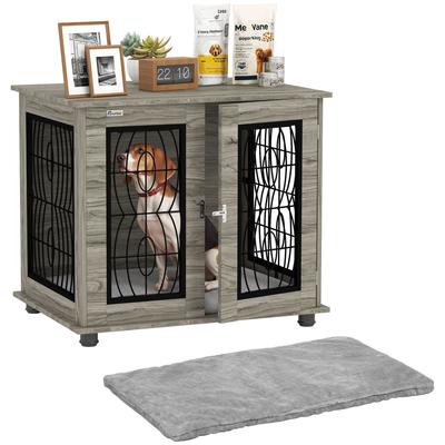 Indoor Dog Crate Furniture End Table with Soft Washable Cushion, Lockable Front Door, for Medium Dogs - Black