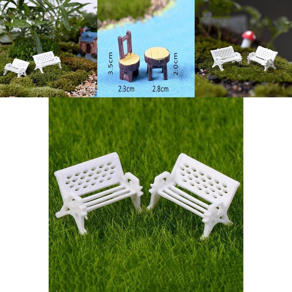 Miniature Garden Bench Set Durable Resin White Chair And Brown Table Micro Landscape Decor