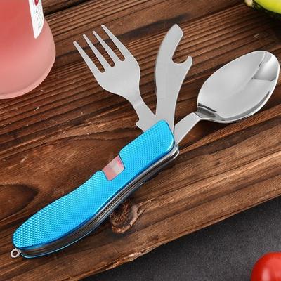 Foldable Spoon Fork Knife Portable Stainless Steel Outdoor Camping Fork Spoon Multitool Cutlery Bottle Opener Combo Set Hiking