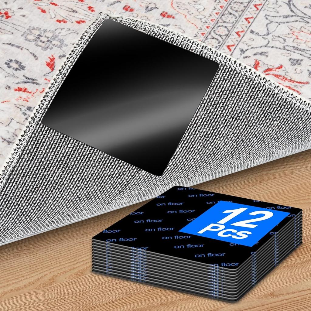 Premium Rug Grippers & Carpet Tape – 12PCS Square Anti-Slip Pads for Area Rugs, 3.9 Inch, Prevent Curling & Sliding, Ideal for Hardwood, Tile,