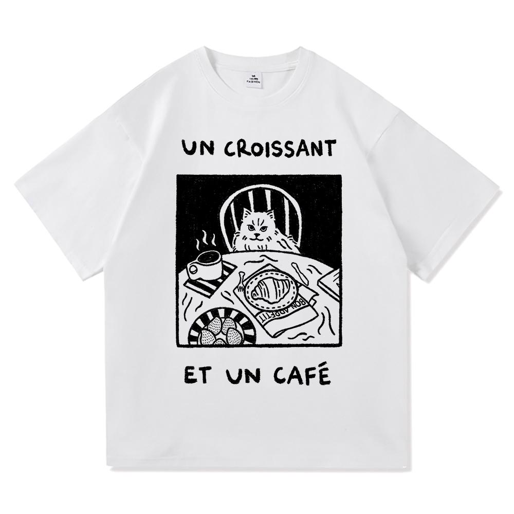 Vintage French Cafe Cat T Shirt Fashion Men/Women Funny Letter Un Croissant Et Un Cafe T-Shirt High Quality Cotton Tees Shirts