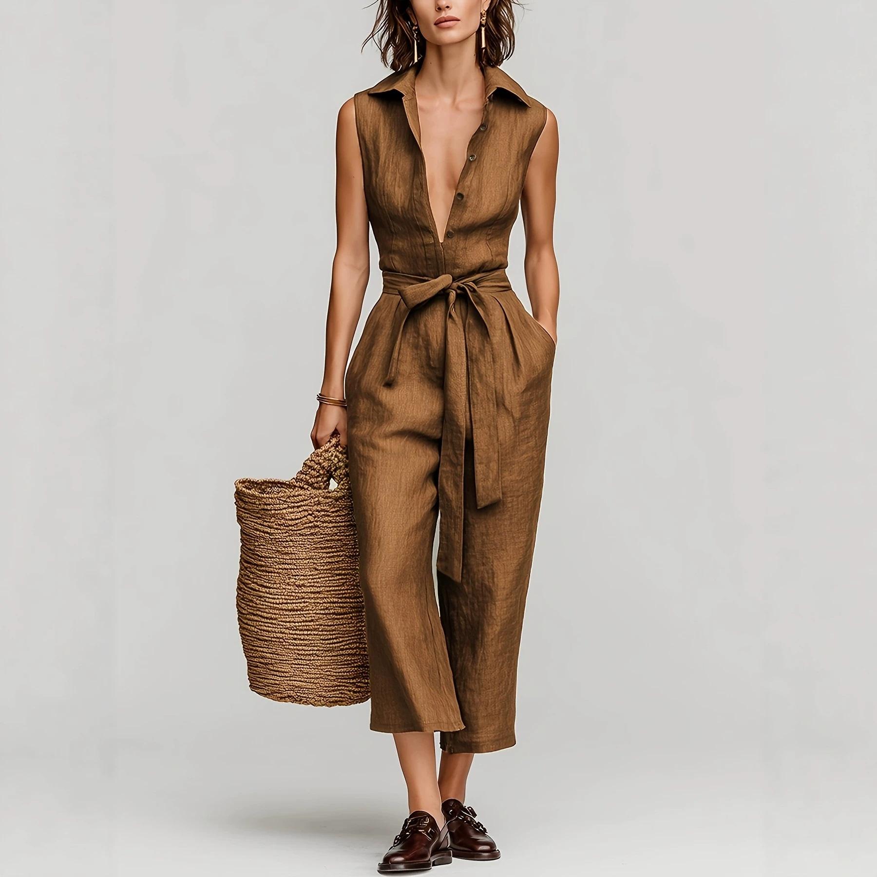 European and American women s French casual elegant summer sleeveless lapel lace-up waist wide-leg jumpsuit S