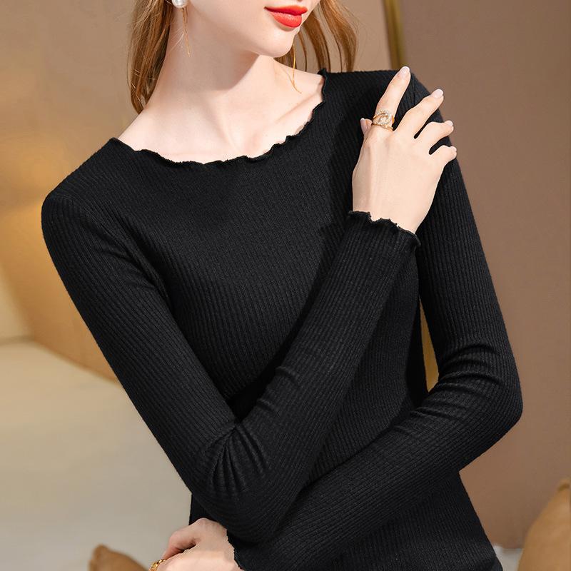 Bottom Shirt Women's New Women's Clothing Solid Color Round Neck Long-sleeved T-shirt Age-reducing Waist Top