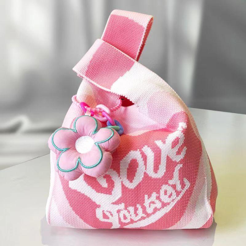 

Вязаная сумка для переноски Женская плетеная сумка Большая вместимость Сумка-тоут Квадратная сумка через плечо Сумка-тоут Корейский стиль Ланч-бокс Трансграничная Wrist bag pink Heart + pink ornament flower