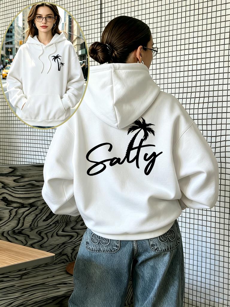 Women’s Hooded Sweatshirt with Fun Coconut Tree Print – Autumn Fleece-Lined Hoodie, Stylish Loose-Fit Casual Sportswear