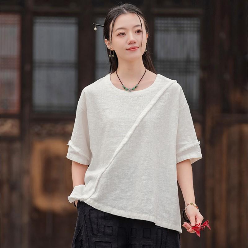 Johnature Women Vintage T-Shirts Patchwork Solid Color Summer O-Neck Short Sleeve Loose T-Shirts