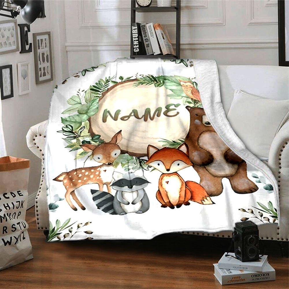 Forest Animals With Placeholder Surrounded By Greenery And Leaves Throw Customizable Blanket Personalized Name Soft Warm Cozy Perfect For Sofa Couch