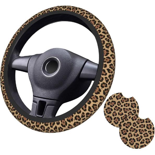 Brown Western Cow Print Steering Wheel Cover for Women Men with 2 Pcs Car Coasters, 15 Inches Neoprene Anti-Slip Cute Universal Car Accessories