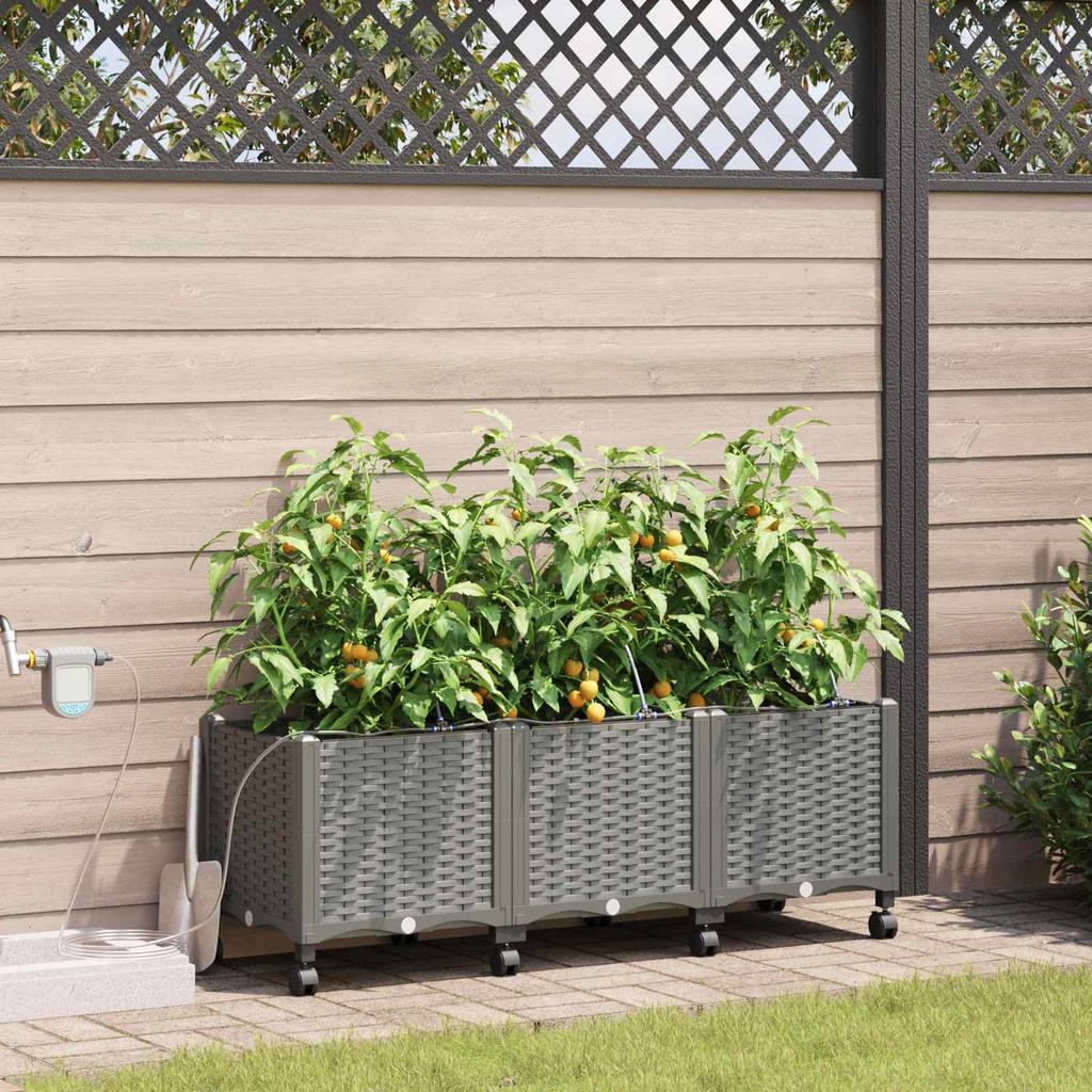 Garden Flower Pot with Irrigation and Wheels 3 Pcs Light Gray