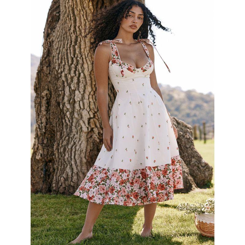 Orange Sunset House Same Style French style Pastoral Style Gentle Patchwork Floral Bow Lace-up Sling Dress