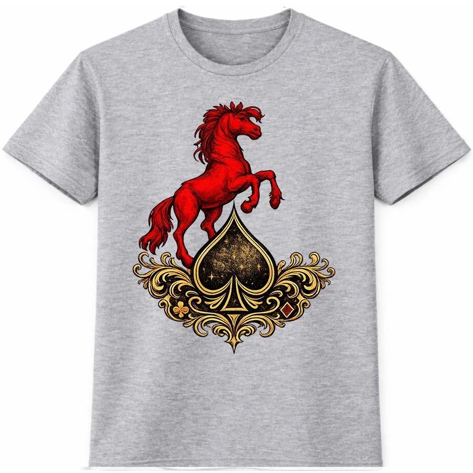 Ace of Spades Graphic T Shirt Red Horse Gold Filigree Playing Card Gothic Tee XXXXL