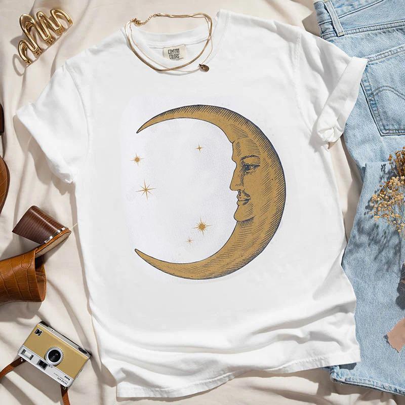 Women Retro Loose Short Sleeve Top Boho Moon Print Shirt Comfort 100 Cotton Crewneck Tshirt Casual Daily Fashion Streetwear