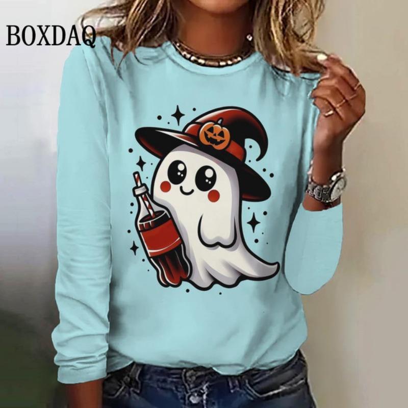

Милые женские футболки с длинными рукавами и рисунком из мультфильмов, с круглым вырезом и принтом призрака на Хэллоуин, свободная одежда, модные праздничные повседневные женские рубашки, топы XL