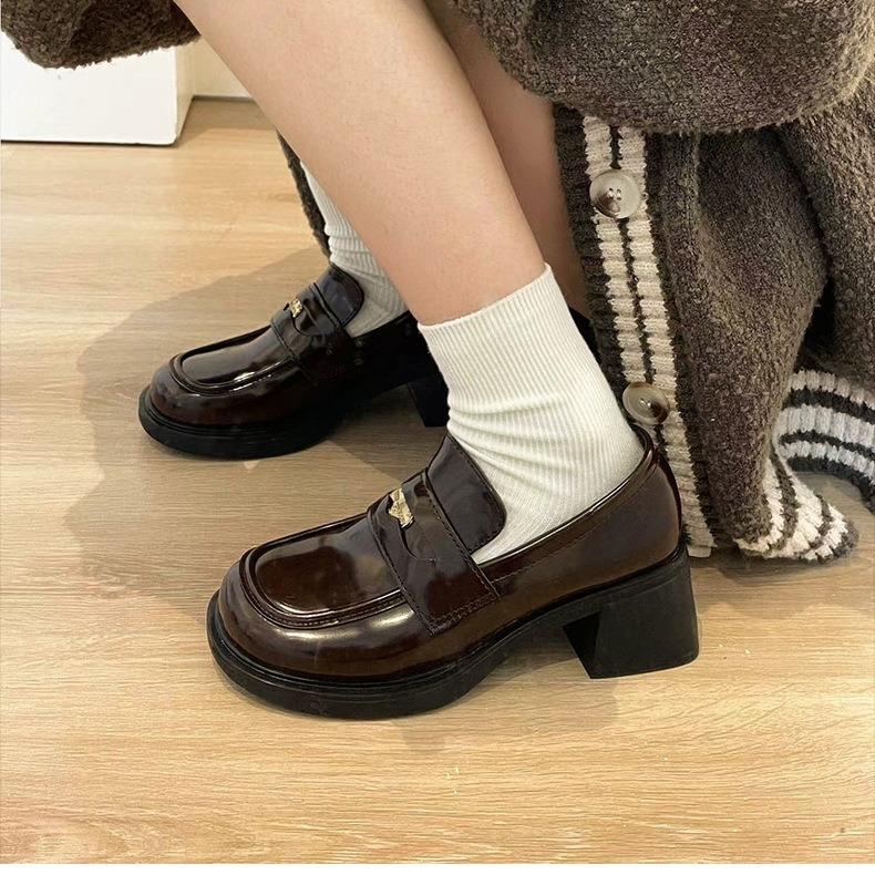 Fashion versatile brown women's new small height increase thick heel small leather shoes