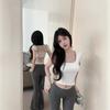Pure lust back lace square neck short-sleeved t-shirt women's summer front shoulder t-shirt slim fit and thin big neckline Spice girl top