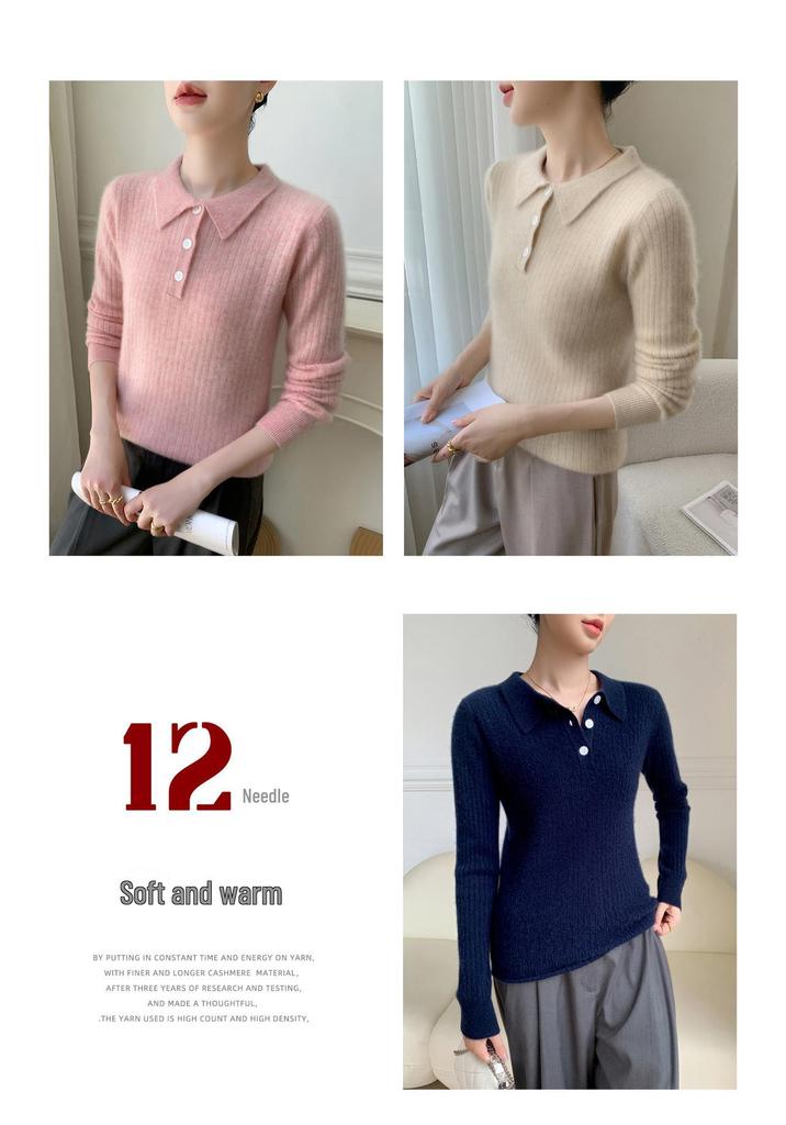 Women's Elegant Cashmere Polo Neck Sweater - Warm, Wide Ribbed Knit Base Layer for Autumn/Winter
