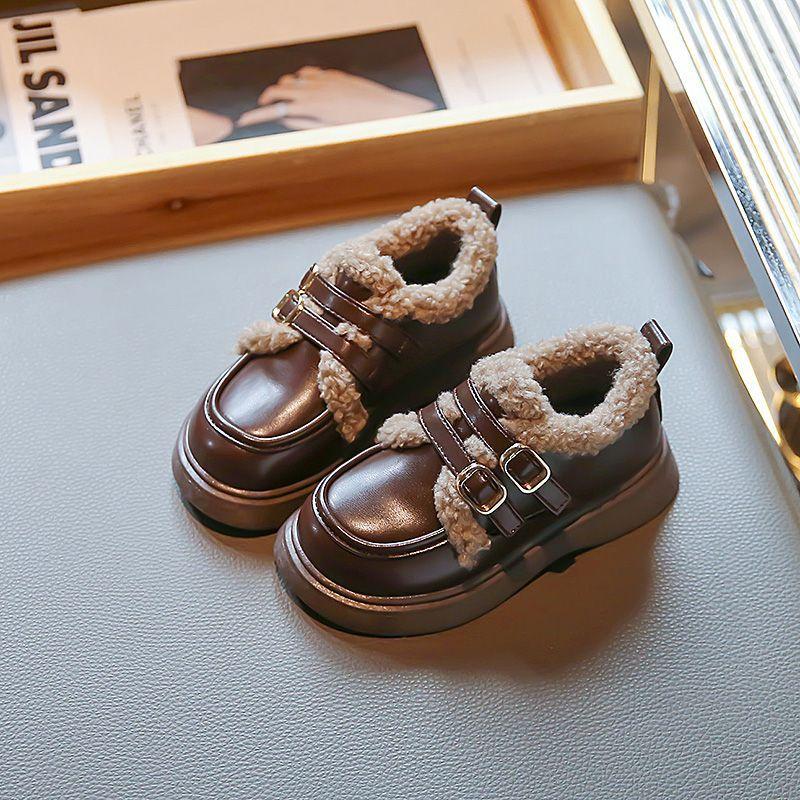 Girls cotton shoes plus cotton princess shoes 2025 autumn and winter British style warm Doudou shoes thickened soft-soled little girls leather boots