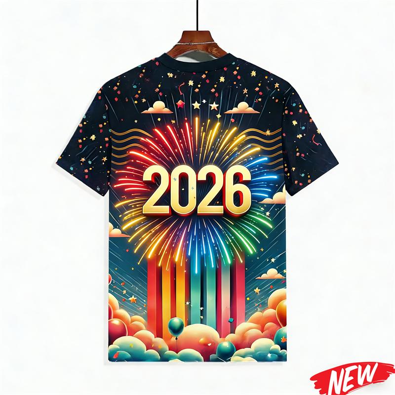 Men's T-shirt with colorful balloon and fireworks pattern, Happy 2026 New Year, short-sleeve holiday party family crew neck T-shirt