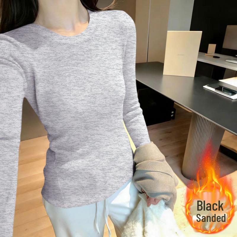 Women's Double-Sided Brushed Knit Base Layer Top - Solid Colors, Stylish Round Neck for 2026 Spring/Autumn