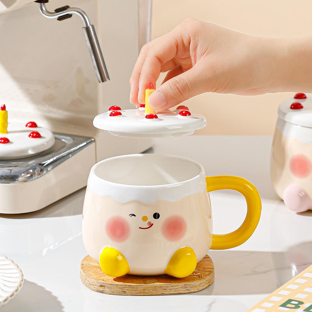 Birthday Gift Girl Cup Ceramic High Looking Mug with Lid Home Cute Coffee Drinking Water Cup Creativity