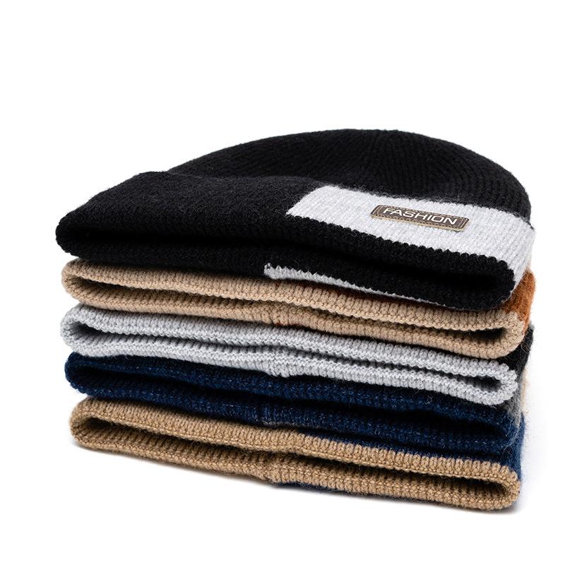 Winter Wool Knitted Hat Men's Fleece Thick Color Block Hat Outdoor Cycling Windproof Cap