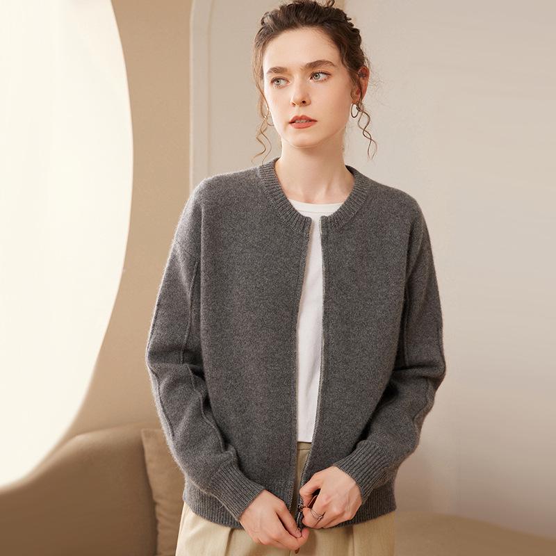 Women's Casual Cashmere Zipper Cardigan - Thick Knit Round Neck Sweater