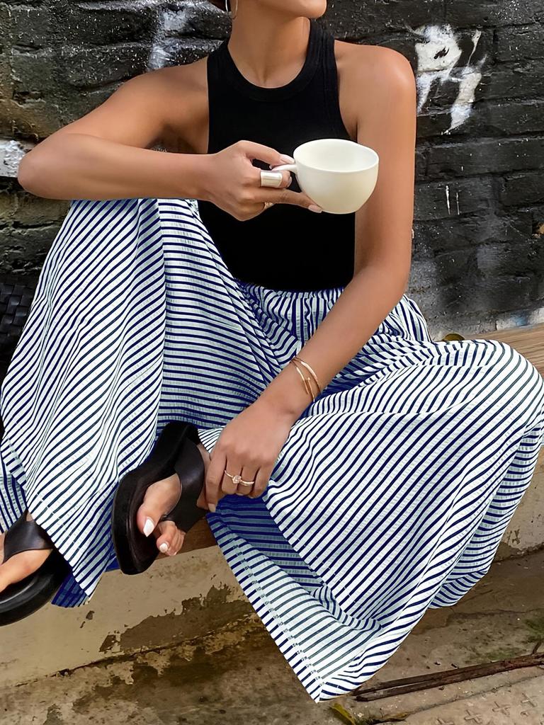 Women Black and White Vertical Stripe High Waist Wide Leg Pants