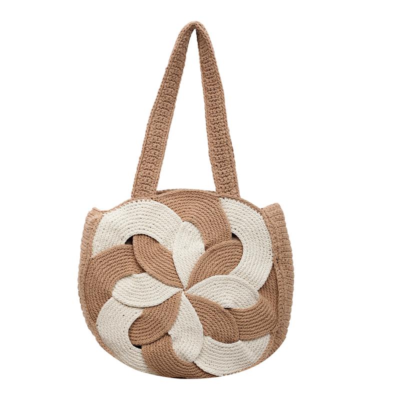 Women's Boho Crochet Round Bag Handwoven Floral Tote Bag Large Capacity Shoulder Bag for Beach Travel Daily Bohemian Style