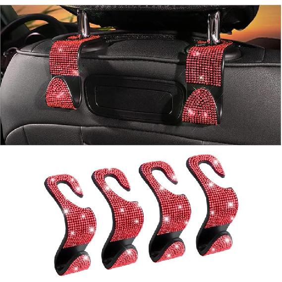 Bling Car Seat Headrest Hooks, 4PCS Handcrafted Rhinestones Seat Hanger Organizer For Handbag Purse Scarf, Universal For Cars, Auto Interior