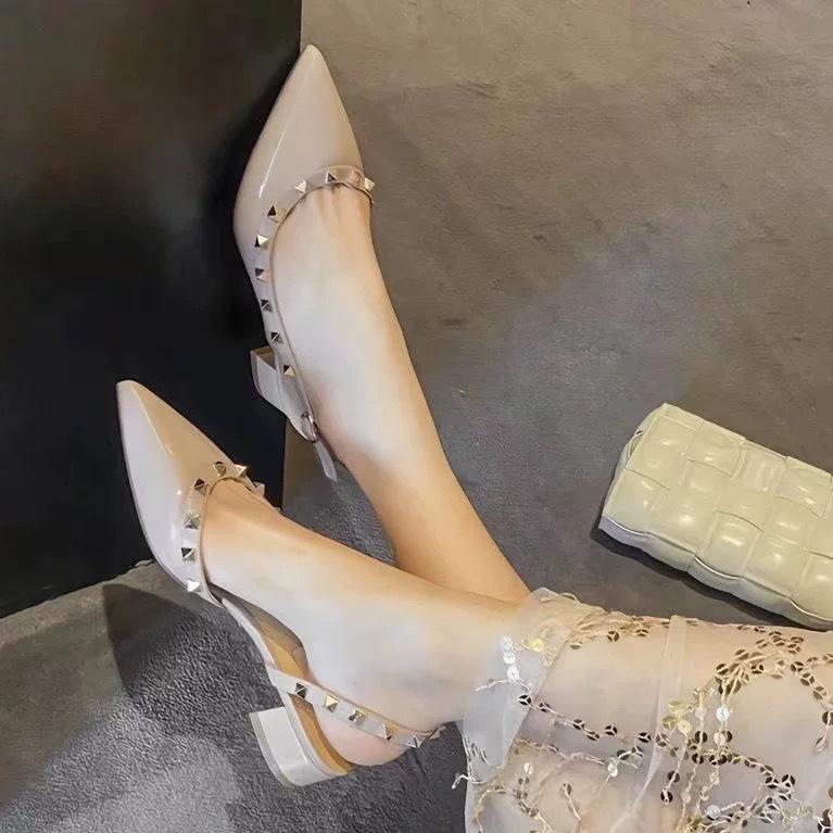 HL11 beautiful empty sandals women's 2025 new high-heeled rivet single shoes niche design temperament pointed sandals