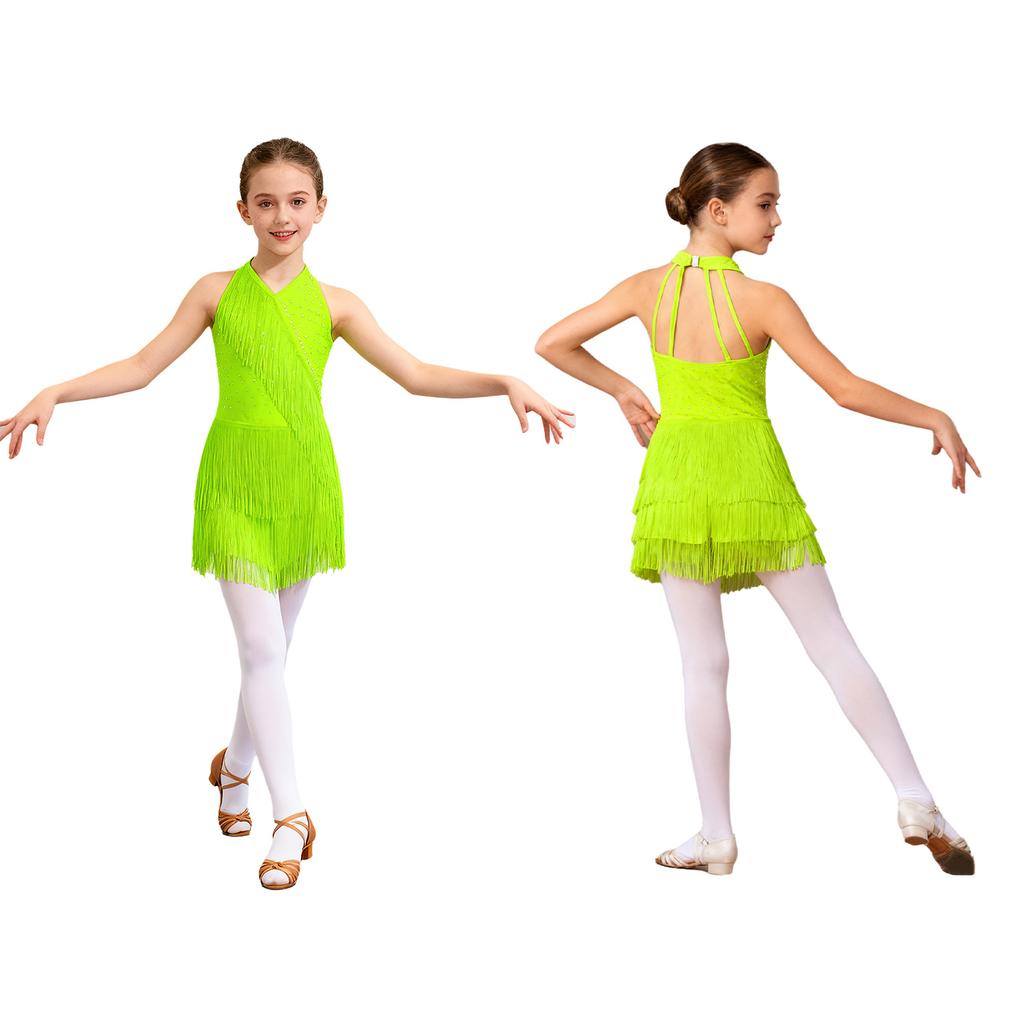 Kids Girls Latin Leotard Dress Dance Costume Rhinestones Fringe Bodysuit Skirted Dress Halter V-neck Sleeveless Tassel Jumpsuit