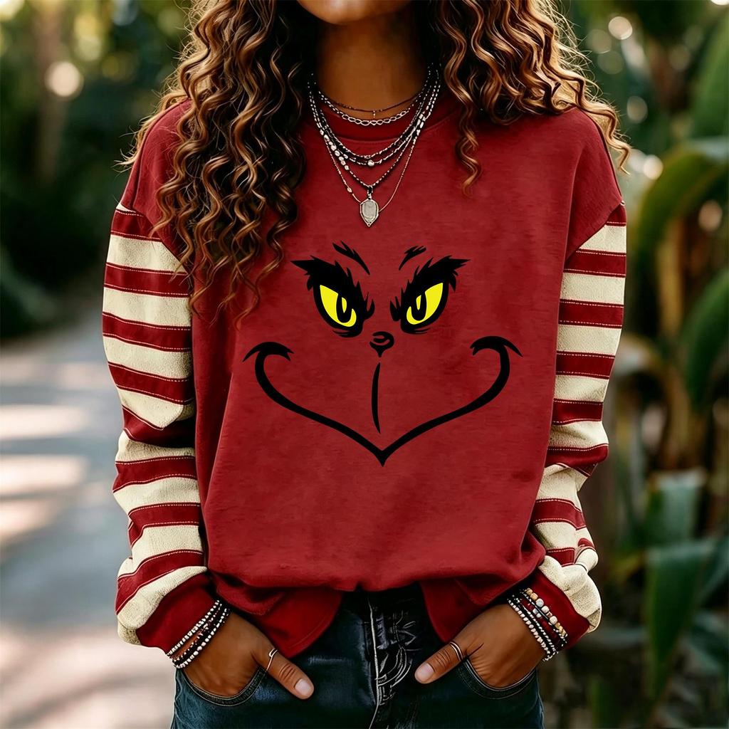 Women's Fashion Christmas Print Long Sleeve Neck Pullover Sweatshirt Casual Top
