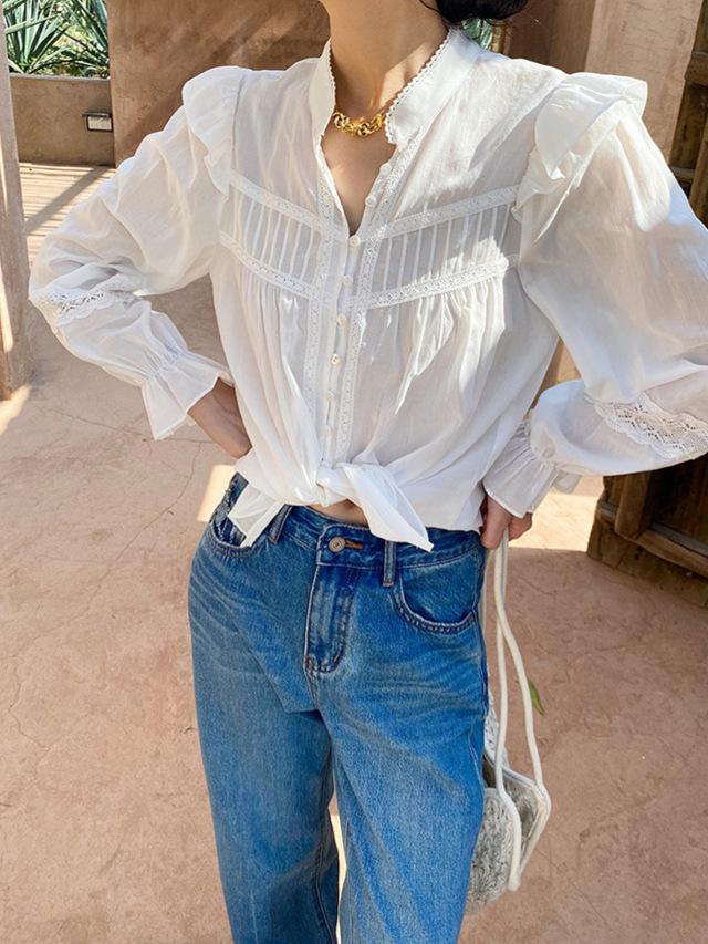 Spring New Arrival: Women's Long Sleeve White Cotton French Shirt - Southern France Holiday Style