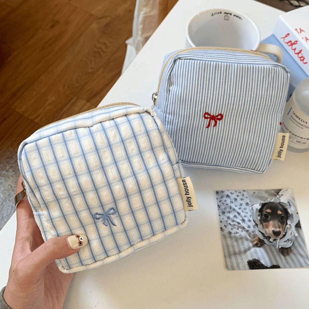 Striped Plaid Mini Makeup Bag Embroidered Multi-functional Lipstick Storage Pouch Zipper Closure Square Shape Cosmetic Bag