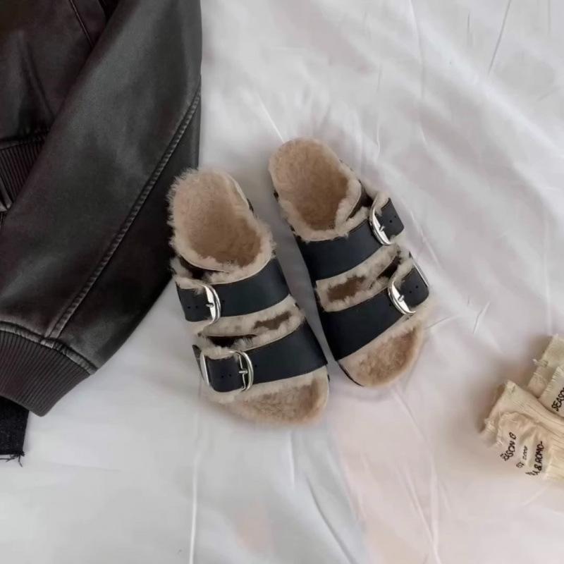 ! Shoes retro wool double buckle plush thick-soled fluffy slippers women's outer wear
