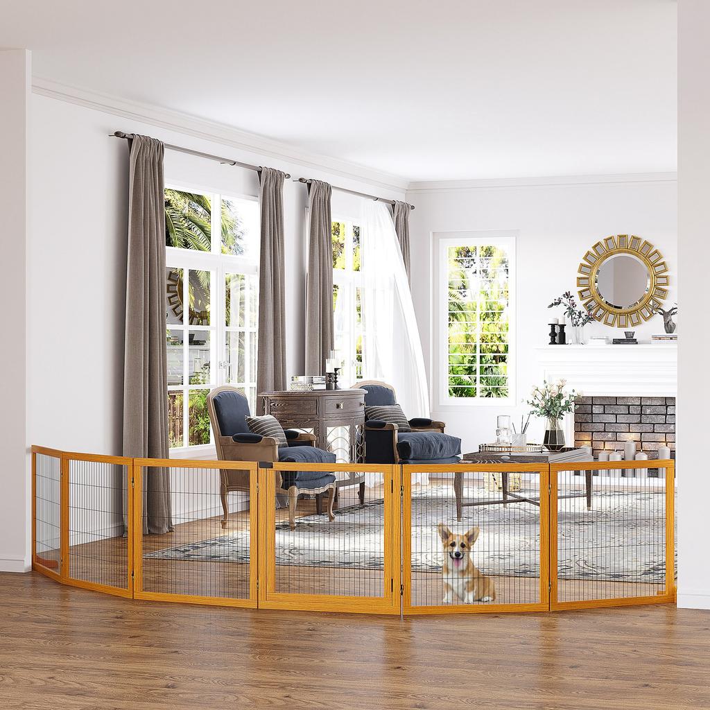 Wooden and Steel Dog Gate for Small/Medium Size Dogs with 6 Folding Panels, 432x36x70cm