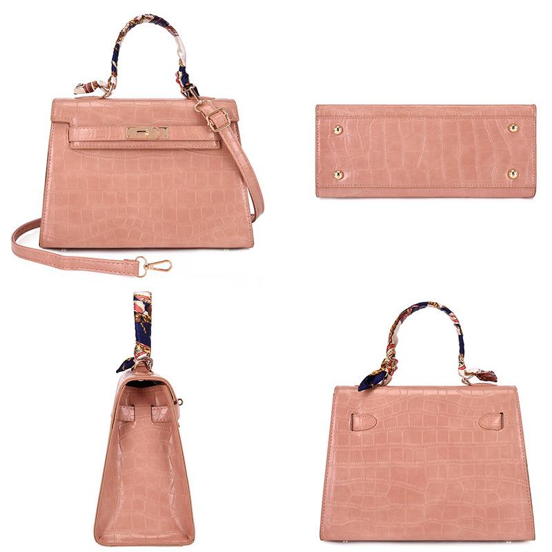 Bag Women's New Fashion Candy Color Handheld Women's Bag Crocodile Pattern Rhombus Silk Scarf Lock Shoulder Bag Crossbody Women's Bag