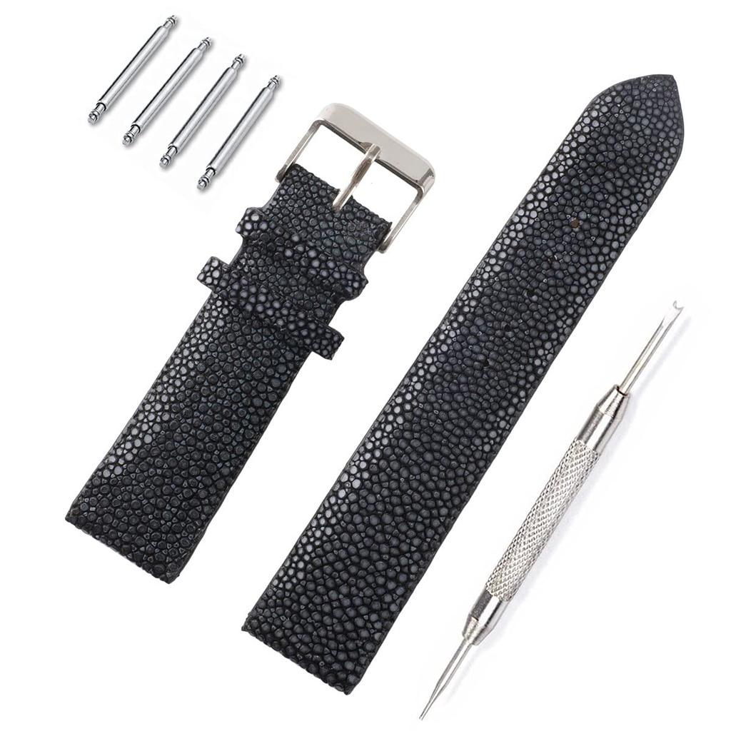 Stingray Leather Watch Band Belt Black 22mm Spring Bars Spring Bar Remover Included [Revetta] [089-1stb22]