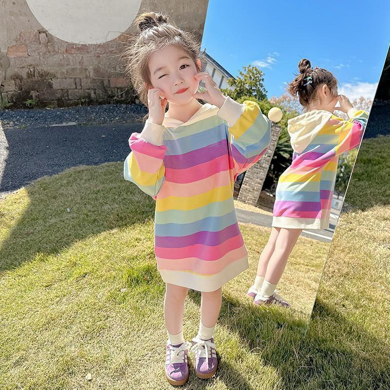 Girls Korean Rainbow Striped Sweatshirt Dress Spring Autumn Long Sleeve Casual Midi Dress for Kids