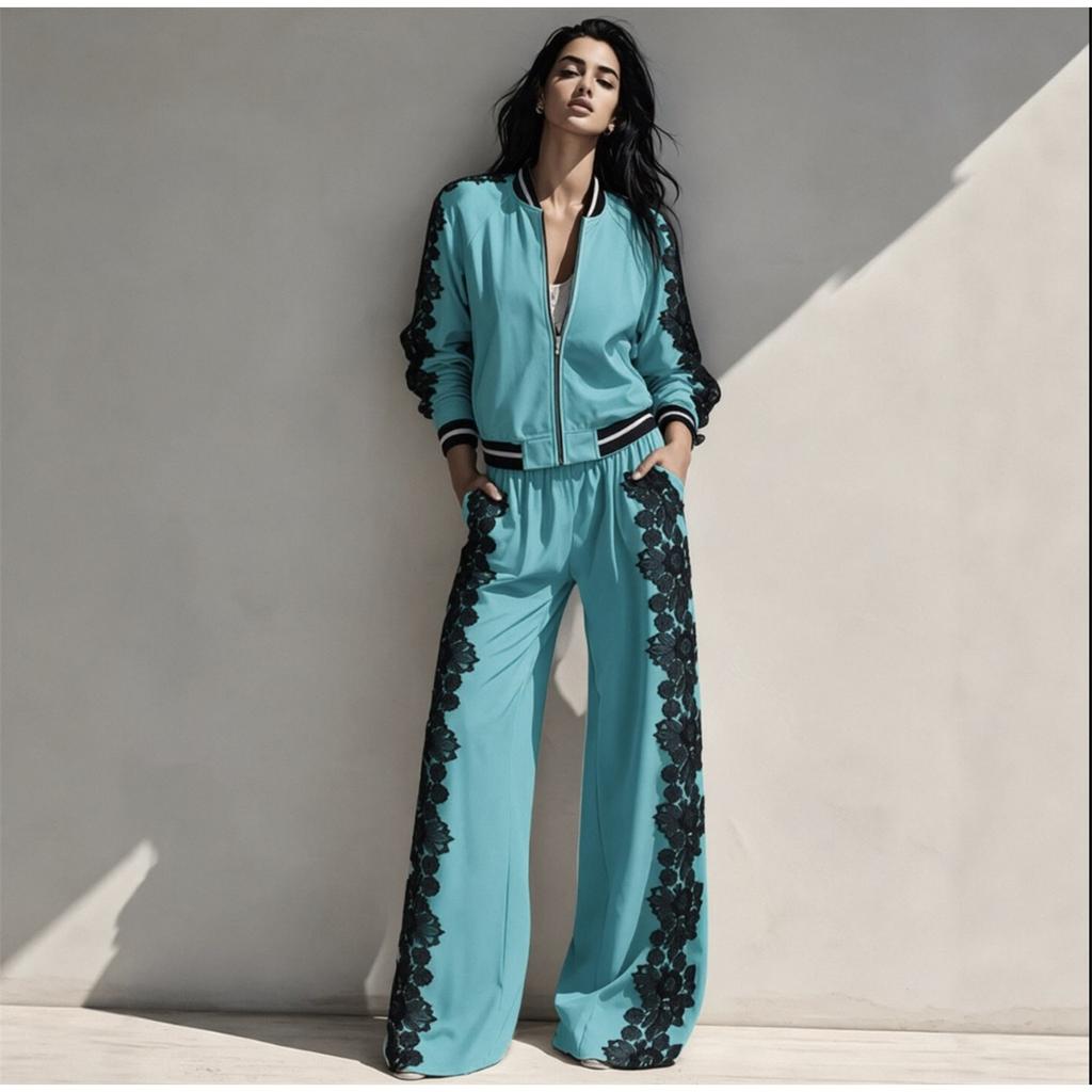 Women Lace Splicing Two Piece Set Zipper Baseball Jacket + Wide Leg Pants Casual Long Sleeve Tracksuit Ladies Outfit