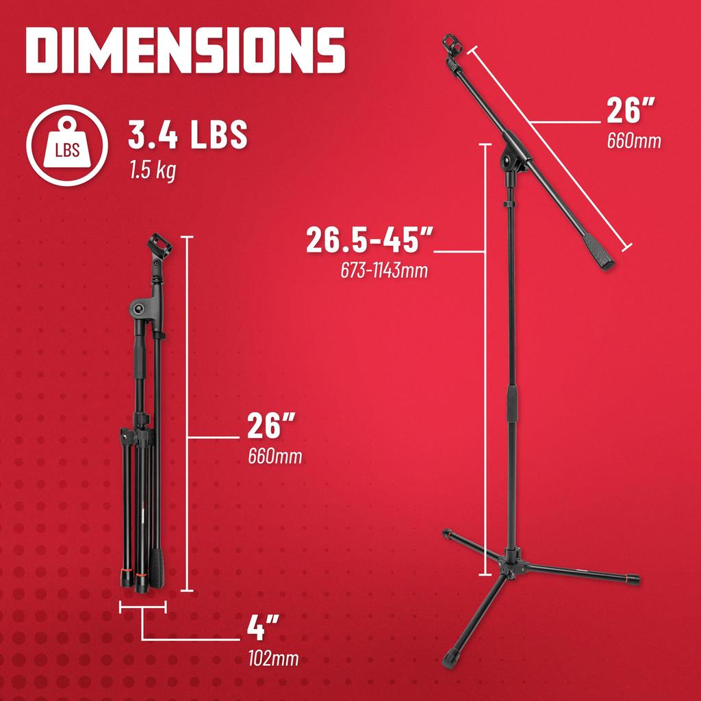 GATOR Frameworks GFW-MIC-1500 Microphone Stand, US (58") Standard Screw Compatible, Short Boom Type Tripod [Cable Holder and Adapter Included]