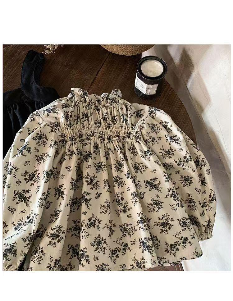 2024 Autumn Korean Mori Style Girls' Floral Shirt & Suspender Skirt Set