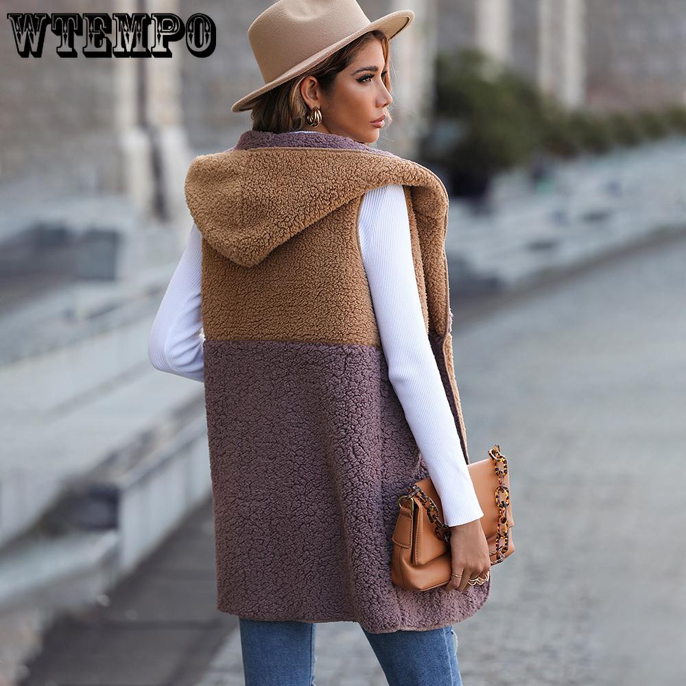 Autumn Women's Hooded Sleeveless Colorblocking Pocket Buttonless Mid-Length Cardigan Bubble Fleece Jacket