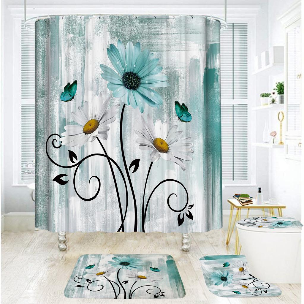 Badezimmer Duschvorhang Vierteilig Digitaldruck Holzmaserung Chrysanthemenpflanze Wasserdichter Duschvorhang Duschvorhang Trennvorhang