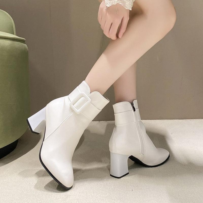 Martin Boots Autumn and Winter New British Style Pointed High-heeled Short Boots Belt Buckle Side Zipper Boots