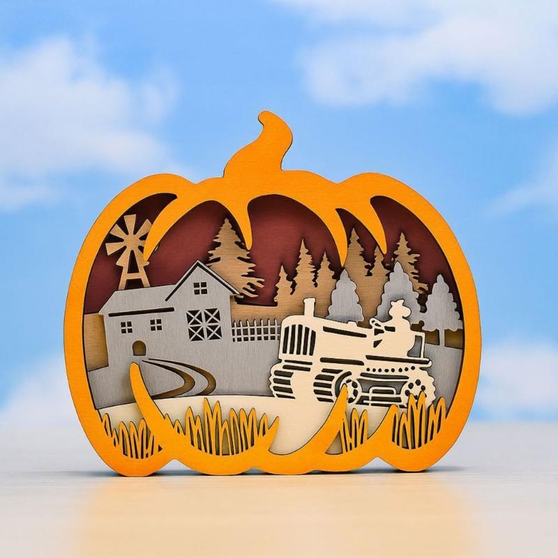 Artisanal Pumpkin Carving Decoration For Thanksgiving Halloween Safe Nontoxic Wooden Craft Ornament Tabletop Shelf