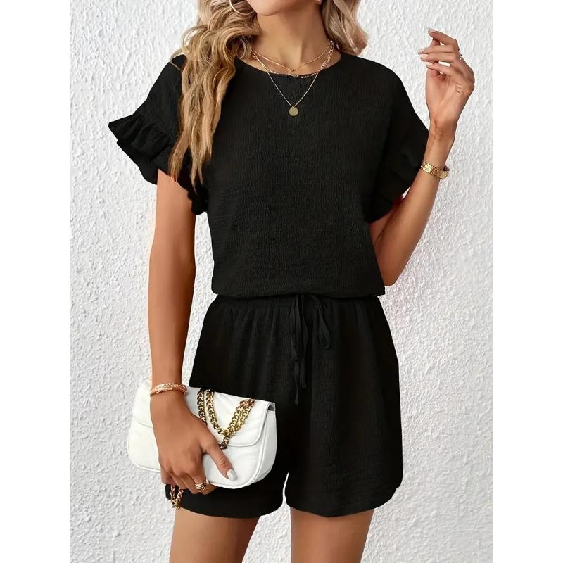 Women's Vacation Fashion Casual Shorts Suit Solid Summer Shorts and Top Two Piece Sets Fashion Fold Texture Outfit Woman Clothes