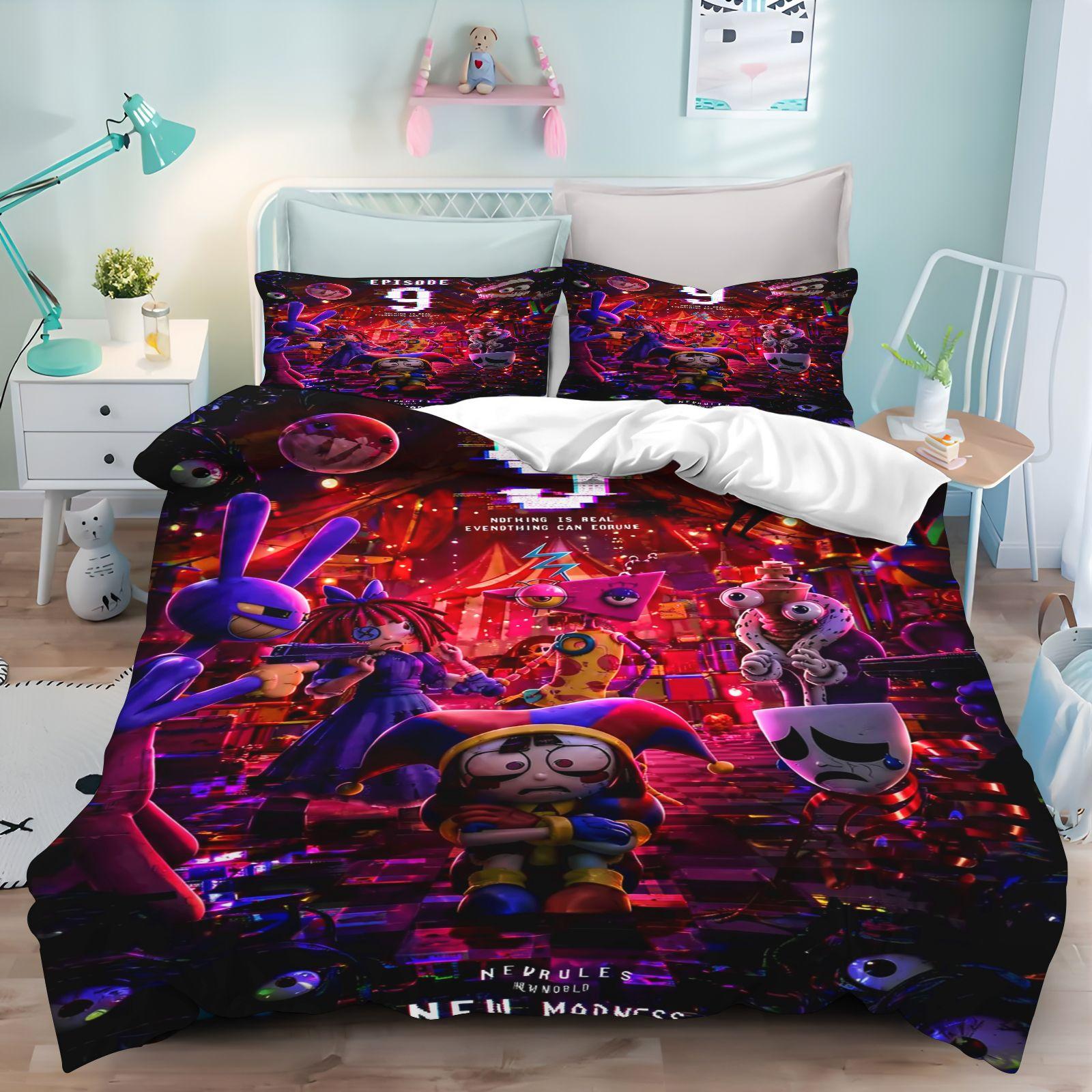 Ensemble de literie Le Cirque Numérique Incroyable Impression 3D Housse de couette Taie d'oreiller Chambre à coucher Textile de maison Linge de lit Cadeau pour fans Garçons Filles 135X200CM