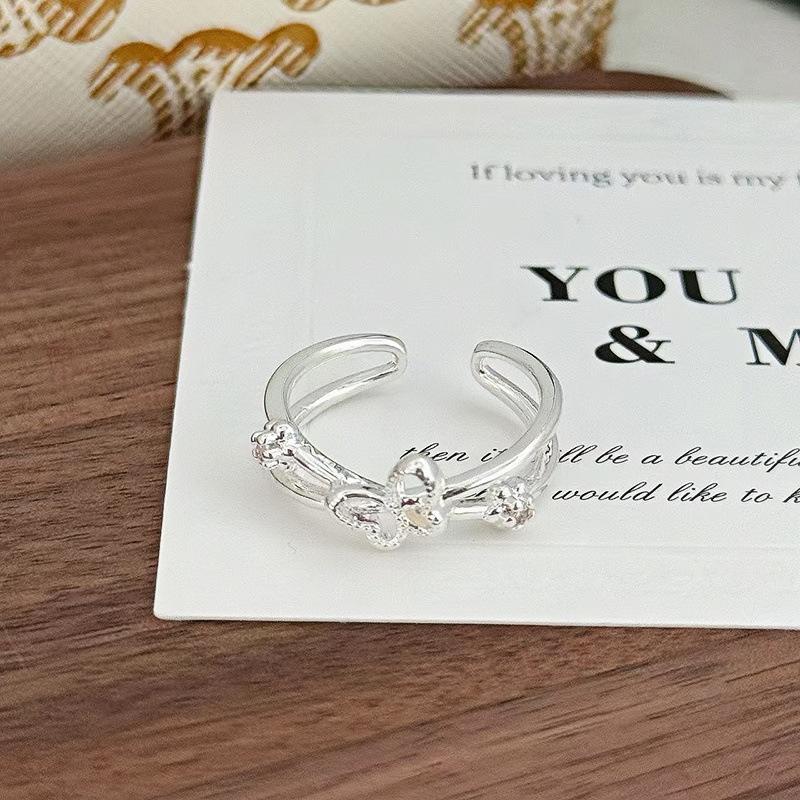 Niche Design Flash Zirconium Bow Beads Stacked Open Ring Women S Atmosphere Light Luxury Personality Index Finger Ring Adjustable opening